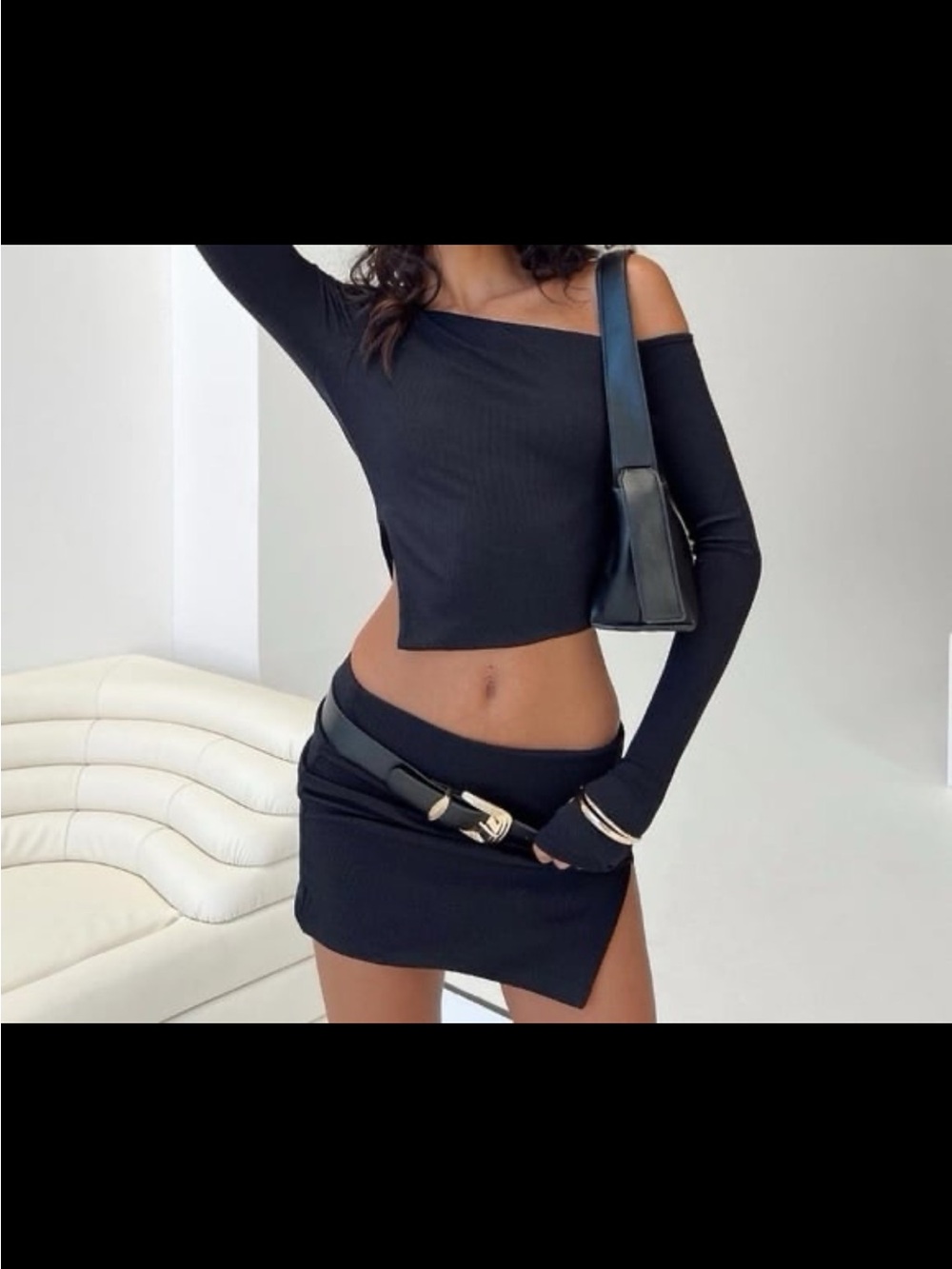🌊Princess Polly Black Asymmetrical Crop Top & Mini Skirt Set